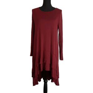 ee:some Midi Dress Medium Tiered Ruffled Shift Maroon Burgundy Stretch